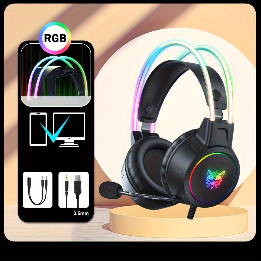 سماعة ألعاب ONIKUMA RGB مع إلغاء الضوضاء، صوت عالي الجودة، وميكروفون قابل للفصل - تصميم أسود بثيمة الأنمي، تعمل بالـ USB للكمبيوتر الشخصي واللابتوب، تأثير الصوت المحيطي، تحكم في مستوى الصوت، سماعة ألعاب سلكية - الصورة 3