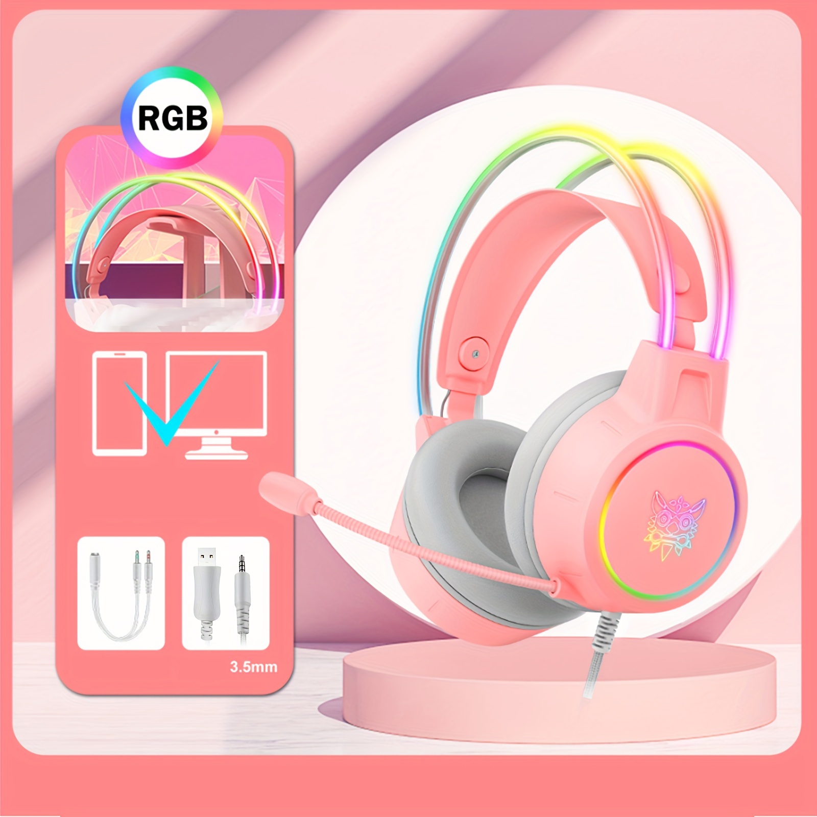 سماعة ألعاب ONIKUMA RGB مع إلغاء الضوضاء، صوت عالي الجودة، وميكروفون قابل للفصل - تصميم أسود بثيمة الأنمي، تعمل بالـ USB للكمبيوتر الشخصي واللابتوب، تأثير الصوت المحيطي، تحكم في مستوى الصوت، سماعة ألعاب سلكية - الصورة 5