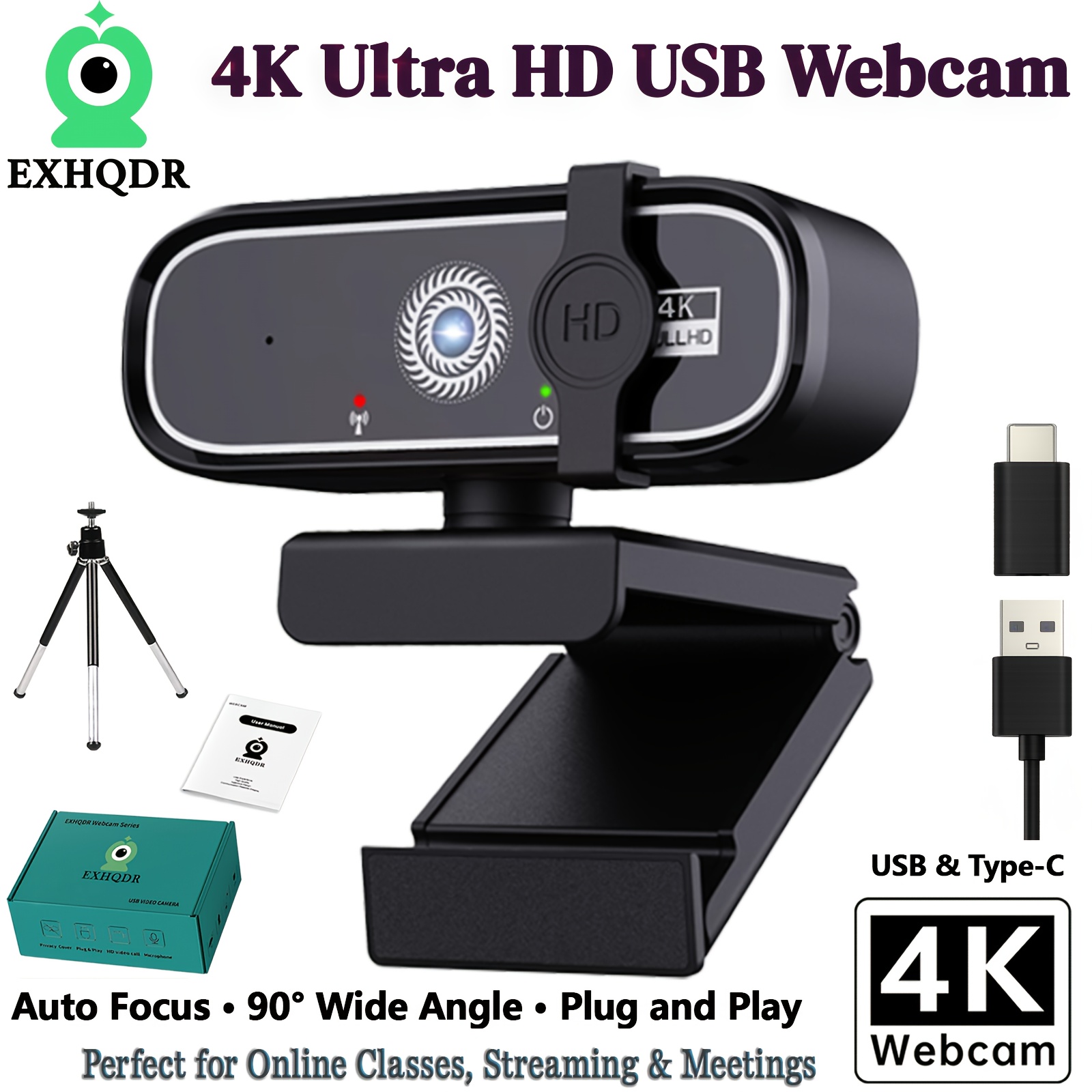 EXHQDR كاميرا ويب 4K Ultra HD مع تركيز تلقائي وغطاء خصوصية، كاميرا 8MP Plug & Play مع حامل ثلاثي القوائم ومحول Type-C للبث المباشر، اجتماعات Zoom والدروس عبر الإنترنت، مؤتمرات الفيديو، إعدادات المكتب المنزلي، تصميم مدمج، كاميرا ويب أنيقة، بناء متين، تقنية التركيز التلقائي، للمعلمين والطلاب عبر الإنترنت - الصورة 2