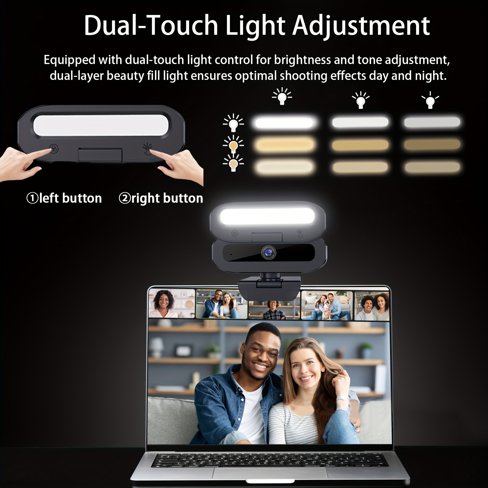 كاميرا ويب EXHQDR 4K Ultra HD USB مع مستشعر 8 ميجابكسل، فيديو سلس 30 إطارًا في الثانية، عدسة واسعة الزاوية 90 درجة، ضوء LED ملون باللمس، تركيز تلقائي، غطاء خصوصية، قاعدة قابلة للدوران 360 درجة وحامل ثلاثي القوائم، توصيل وتشغيل للكمبيوتر الشخصي والكمبيوتر المحمول، مثالية للمكالمات الفيديا، بث الألعاب، والتدريس عبر الإنترنت، كاميرا ويب للكمبيوتر، أداة تدريس عبر الإنترنت، جمالية حديثة، عدسة عالية الجودة - الصورة 5