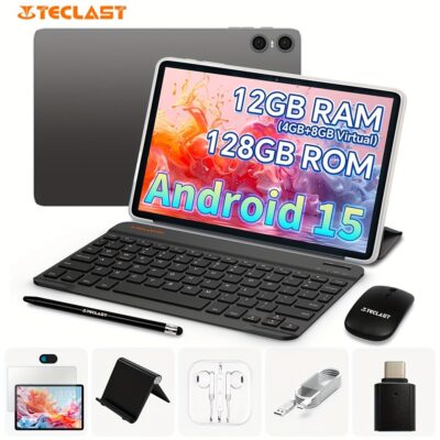 تابلت Teclast P30T الجديد بنظام أندرويد 15، شاشة IPS مقاس 10.1 بوصة، ذاكرة وصول عشوائي 12 جيجابايت 4+8 جيجابايت، ذاكرة تخزين 128 جيجابايت مع دعم بطاقة TF بسعة 1 تيرابايت، معالج Unisoc T606 ثماني النواة، معالج رسومات Mali-G57، بطارية 6000 مللي أمبير، لوحة مفاتيح، غلاف Teclast، فيلم حماية، سماعات، قلم ستايلس، حامل