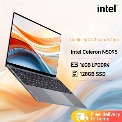لابتوب، ذاكرة LPDDR4 بسعة 16 جيجابايت ومحرك SSD سعة 256 جيجابايت، مع معالج Intel Celeron N5095 بتردد يصل إلى 2.9 جيجا هرتز، شاشة IPS بدقة 1920×1080، كاميرا أمامية مدمجة عالية الدقة، منفذين USB-A، نظام تشغيل مثبت مسبقًا، مزود بتقنية التعرف على البصمات، مناسب للمكاتب والترفيه والدروس عبر الإنترنت