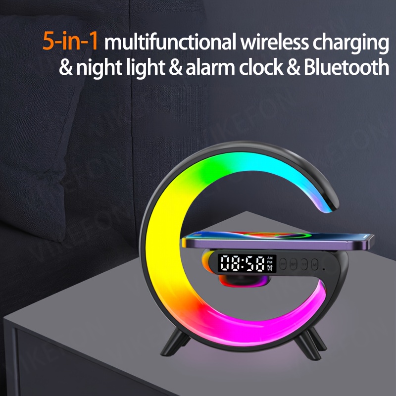 شاحن لاسلكي سريع متعدد الوظائف Mini G Light مع حامل ومكبر صوت محمول بجودة صوت Hi-Fi وضوء ليلي LED RGB وساعة منبه ومحطة شحن لاسلكي للهاتف المحمول لأجهزة iPhone 16 15 14 13 12 11 Pro Max وAirPods لأجهزة for Samsung Galaxy S25 S24 S23 وXiaomi، قاعدة متعددة الوظائف، إكسسوار أنيق، أداة حديثة، صوت عالي الجودة، شحن موثوق، قاعدة للأجهزة الذكية، لعمال المكاتب وعشاق التكنولوجيا - الصورة 10