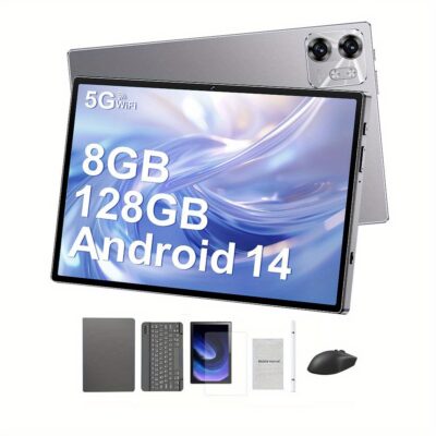 تابلت بحجم 10.1 بوصة، يعمل بنظام أندرويد 14، مزود بذاكرة 8+128 جيجابايت، وبطارية سعة 6800 مللي أمبير، وشاشة عرض عالية الدقة، ويدعم الواي فاي بتردد 2.4G و5G، وكاميرات مزدوجة بدقة 5MP و13MP، يأتي مع لوحة مفاتيح، وفأرة، وقلم، وحافظة واقية، مثالي للبث، والألعاب، ومشاهدة المحتوى، هدية عيد ميلاد مثالية، تابلت، باد