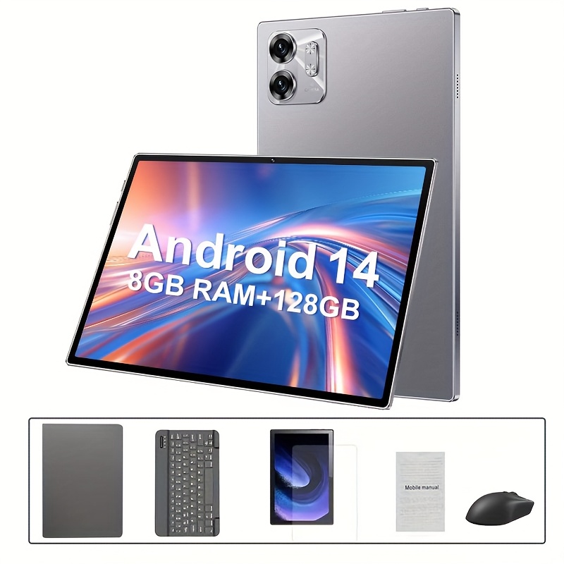 تابلت بحجم 10.1 بوصة، يعمل بنظام أندرويد 14، مزود بذاكرة 8+128 جيجابايت، وبطارية سعة 6800 مللي أمبير، وشاشة عرض عالية الدقة، ويدعم الواي فاي بتردد 2.4G و5G، وكاميرات مزدوجة بدقة 5MP و13MP، يأتي مع لوحة مفاتيح، وفأرة، وقلم، وحافظة واقية، مثالي للبث، والألعاب، ومشاهدة المحتوى، هدية عيد ميلاد مثالية، تابلت، باد - الصورة 2