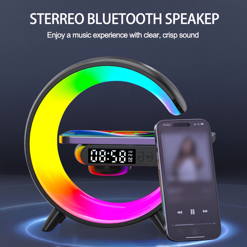 شاحن لاسلكي سريع متعدد الوظائف Mini G Light مع حامل ومكبر صوت محمول بجودة صوت Hi-Fi وضوء ليلي LED RGB وساعة منبه ومحطة شحن لاسلكي للهاتف المحمول لأجهزة iPhone 16 15 14 13 12 11 Pro Max وAirPods لأجهزة for Samsung Galaxy S25 S24 S23 وXiaomi، قاعدة متعددة الوظائف، إكسسوار أنيق، أداة حديثة، صوت عالي الجودة، شحن موثوق، قاعدة للأجهزة الذكية، لعمال المكاتب وعشاق التكنولوجيا - الصورة 11