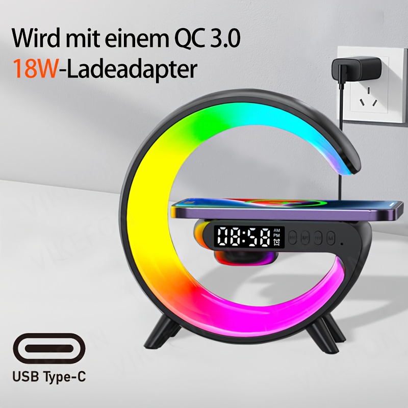 شاحن لاسلكي سريع متعدد الوظائف Mini G Light مع حامل ومكبر صوت محمول بجودة صوت Hi-Fi وضوء ليلي LED RGB وساعة منبه ومحطة شحن لاسلكي للهاتف المحمول لأجهزة iPhone 16 15 14 13 12 11 Pro Max وAirPods لأجهزة for Samsung Galaxy S25 S24 S23 وXiaomi، قاعدة متعددة الوظائف، إكسسوار أنيق، أداة حديثة، صوت عالي الجودة، شحن موثوق، قاعدة للأجهزة الذكية، لعمال المكاتب وعشاق التكنولوجيا - الصورة 2