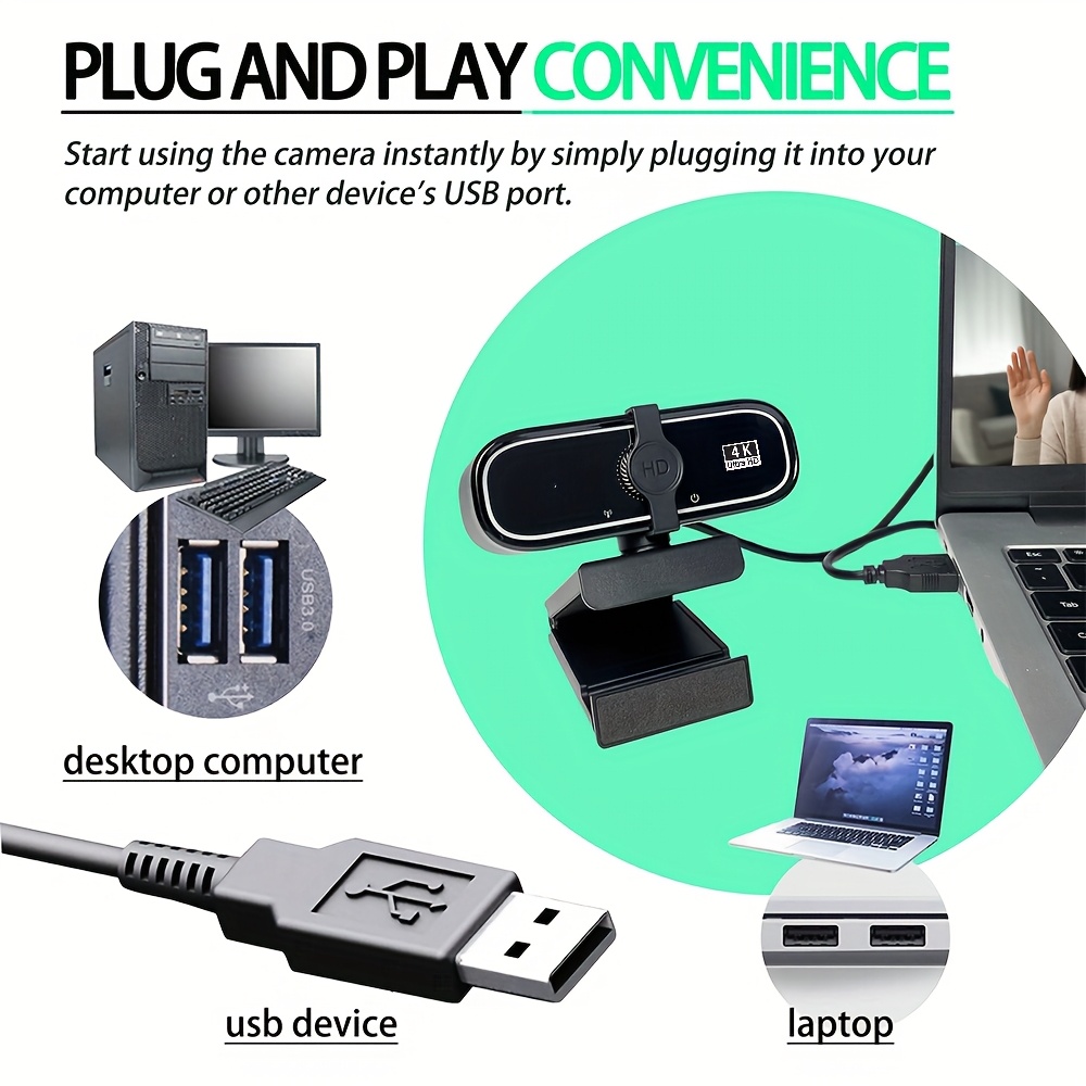 EXHQDR كاميرا ويب 4K Ultra HD مع تركيز تلقائي وغطاء خصوصية، كاميرا 8MP Plug & Play مع حامل ثلاثي القوائم ومحول Type-C للبث المباشر، اجتماعات Zoom والدروس عبر الإنترنت، مؤتمرات الفيديو، إعدادات المكتب المنزلي، تصميم مدمج، كاميرا ويب أنيقة، بناء متين، تقنية التركيز التلقائي، للمعلمين والطلاب عبر الإنترنت - الصورة 8