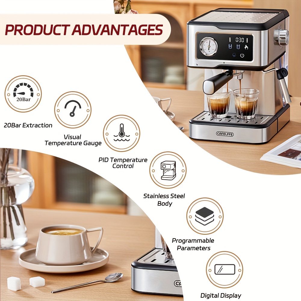 آلة صنع القهوة الإيطالية شبه الأوتوماتيكية CAFELFFE مع مضخة 20 بار من الفولاذ المقاوم للصدأ، خلاط حليب مدمج وذراع بخار، سعة 1.5 لتر، لوحة تعمل باللمس ذكية، إعدادات قابلة للبرمجة، منطقة تسخين الكوب، قابس بريطاني، 220-240 فولت، للاستخدام في الشتاء، ملحقات بار القهوة، معدات قهوة حديثة، بناء متين. - الصورة 4