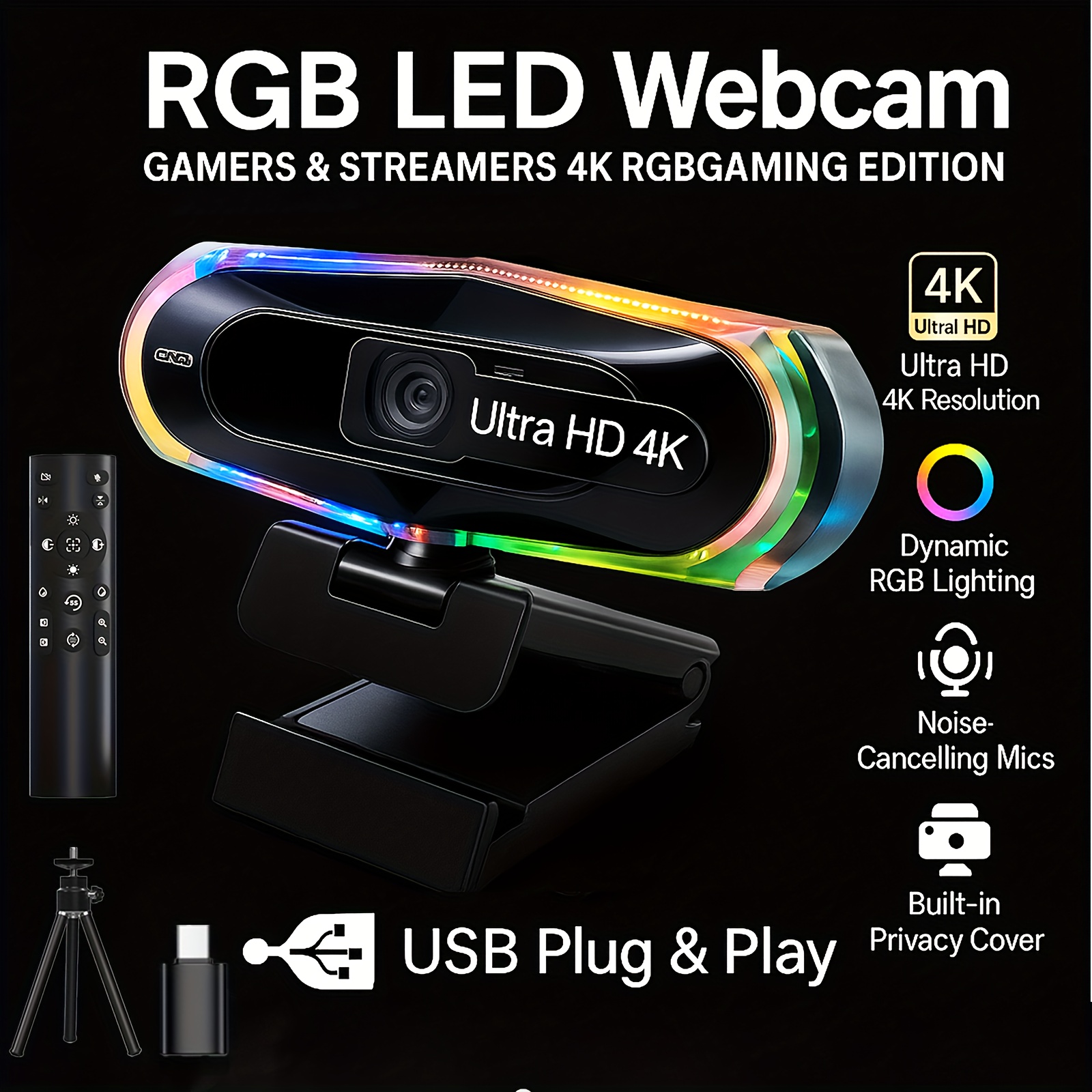 كاميرا EXHQDR RGB 4K مع ميكروفون تلقائي للتوجيه والتعديل على الضوضاء، كاميرا HD تعمل بمنفذ USB للألعاب/الاجتماعات/بث مباشر، EXHQDR، كاميرا ويب للكمبيوتر، كاميرا ويب للبث، كاميرا ويب للكمبيوتر مع ميكروفون، كاميرا للبث، كاميرا ويب K للكمبيوتر - الصورة 11