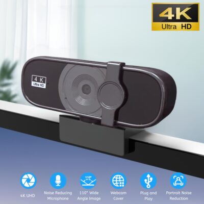 كاميرا ويب 4K UHD مع ميكروفون وغطاء كاميرا توصيل وتشغيل بميزة تعديل الإضاءة الأوتوماتيكي للكمبيوتر المحمول والكمبيوتر الشخصي ومكتب العمل للبث الحي الفيديو، دردشة مؤتمرات الدروس عبر الإنترنت الألعاب، رائحة لاسلكية للجهاز اللوحي، وحدات تخزين إضافية
