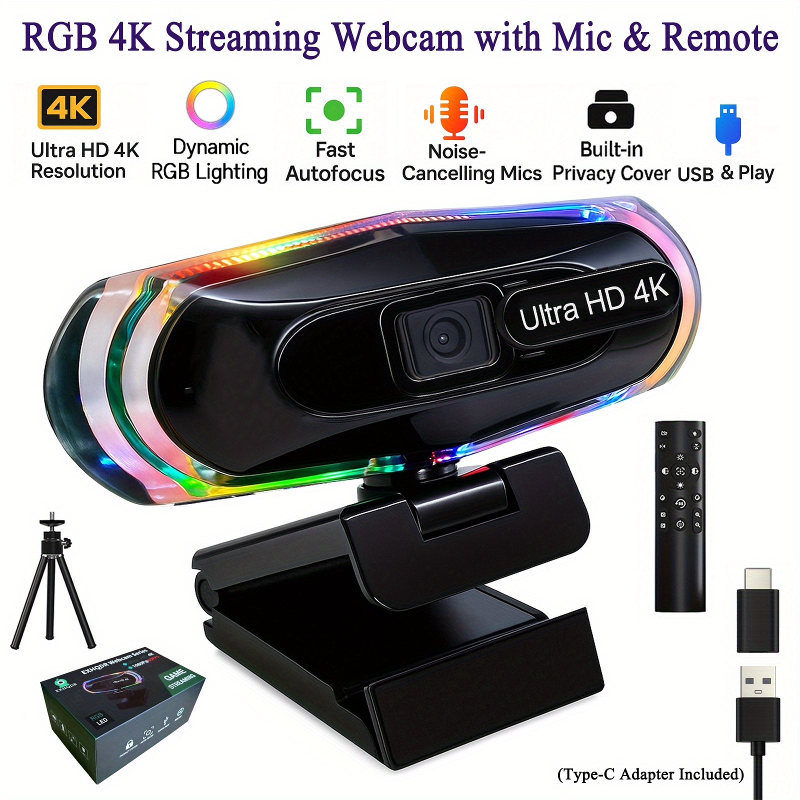 كاميرا EXHQDR RGB 4K مع ميكروفون تلقائي للتوجيه والتعديل على الضوضاء، كاميرا HD تعمل بمنفذ USB للألعاب/الاجتماعات/بث مباشر، EXHQDR، كاميرا ويب للكمبيوتر، كاميرا ويب للبث، كاميرا ويب للكمبيوتر مع ميكروفون، كاميرا للبث، كاميرا ويب K للكمبيوتر - الصورة 6