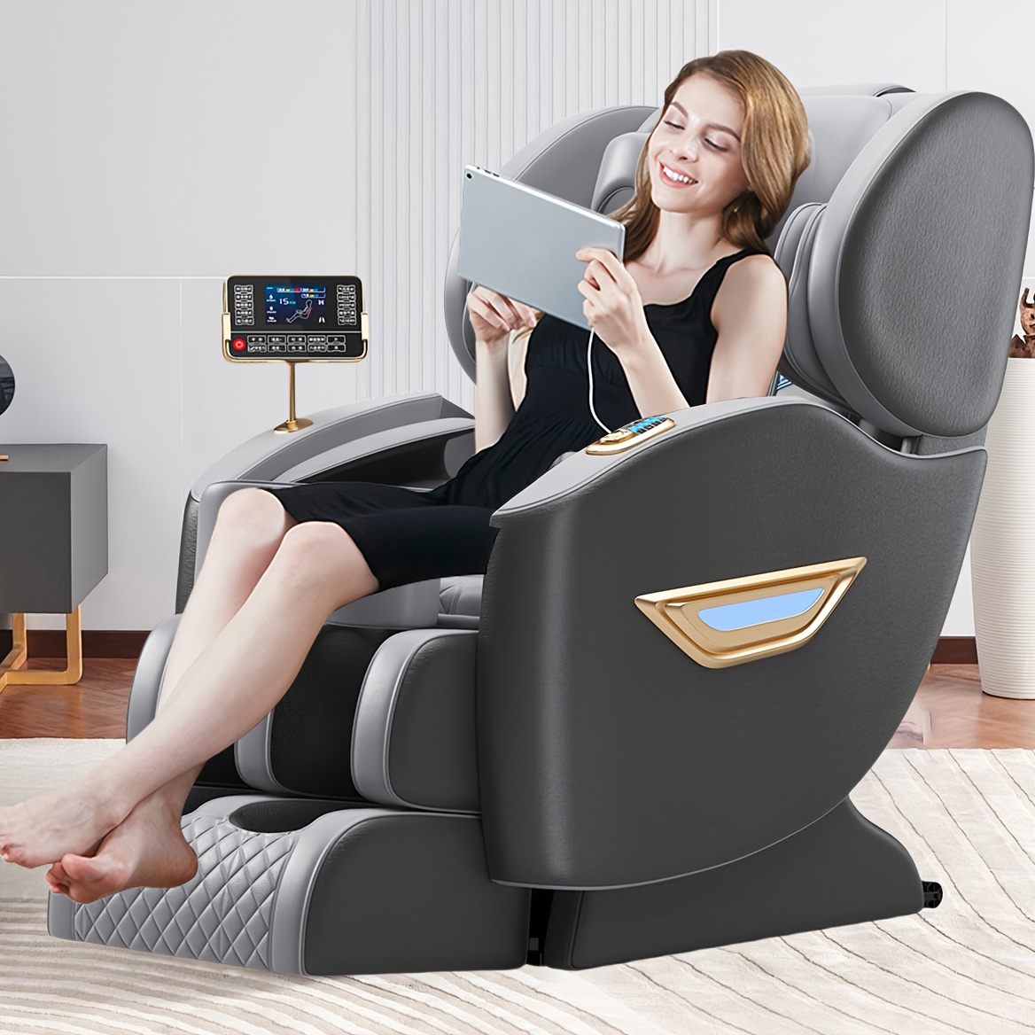 كرسي تدليك كامل الجسم مع مسار SL وكرسي استرخاء بجاذبية صفرية - تحكم صوتي بالذكاء الاصطناعي، سماعة لاسلكية، شاشة LCD، جهاز تحكم عن بعد لاسلكي، نظام تدليك، تصميم مريح مع عثماني - بناء متين للمنزل، الصالة، المكتب - متوافق مع Alexa/Siri/Assistant - تنجيد صناعي، متوافق مع الأرضيات الصلبة، تركيب سهل متضمن، طاولة تدليك، كرسي تدليك، أريكة تدليك - الصورة 5