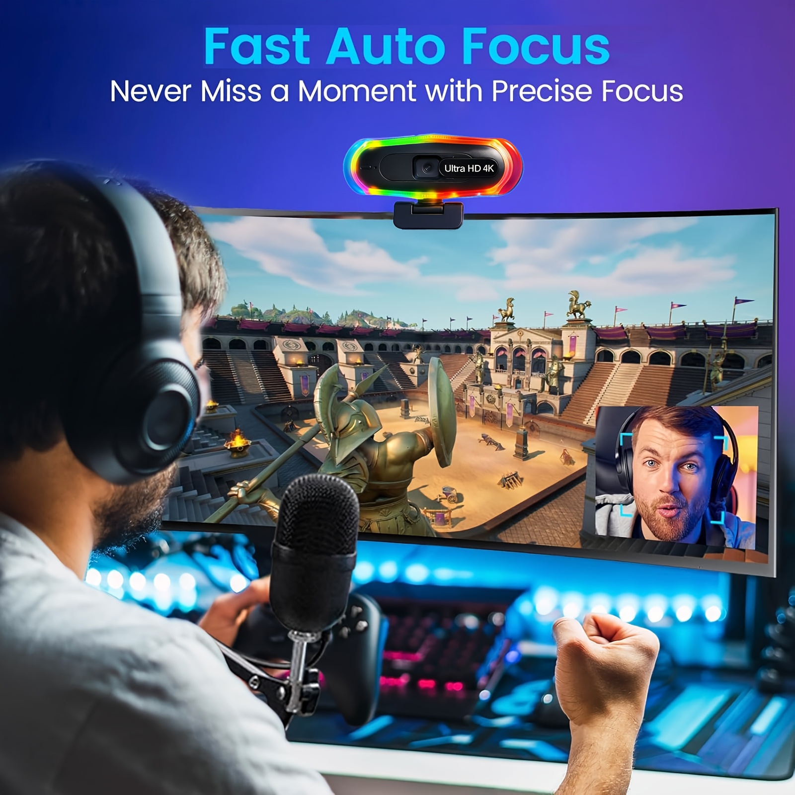 كاميرا EXHQDR RGB 4K مع ميكروفون تلقائي للتوجيه والتعديل على الضوضاء، كاميرا HD تعمل بمنفذ USB للألعاب/الاجتماعات/بث مباشر، EXHQDR، كاميرا ويب للكمبيوتر، كاميرا ويب للبث، كاميرا ويب للكمبيوتر مع ميكروفون، كاميرا للبث، كاميرا ويب K للكمبيوتر - الصورة 3