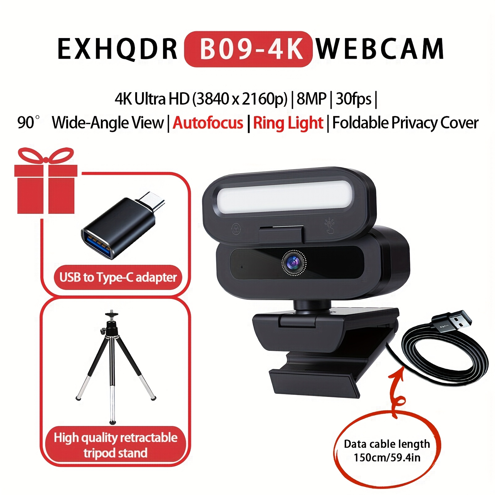 كاميرا ويب EXHQDR 4K Ultra HD USB مع مستشعر 8 ميجابكسل، فيديو سلس 30 إطارًا في الثانية، عدسة واسعة الزاوية 90 درجة، ضوء LED ملون باللمس، تركيز تلقائي، غطاء خصوصية، قاعدة قابلة للدوران 360 درجة وحامل ثلاثي القوائم، توصيل وتشغيل للكمبيوتر الشخصي والكمبيوتر المحمول، مثالية للمكالمات الفيديا، بث الألعاب، والتدريس عبر الإنترنت، كاميرا ويب للكمبيوتر، أداة تدريس عبر الإنترنت، جمالية حديثة، عدسة عالية الجودة - الصورة 6