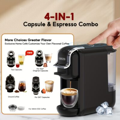 CAFELFFE MK-603 آلة صنع القهوة متعددة الوظائف | استخدام مزدوج للبارد والساخن | تسخين سريع | متوافقة مع كبسولات NES، كبسولات DG، كبسولات ESE، وكبسولات القهوة المطحونة | آلة صنع القهوة الأوتوماتيكية للمنزل والمكتب | هدية رائعة للأب/الأم/الزوج/الزوجة