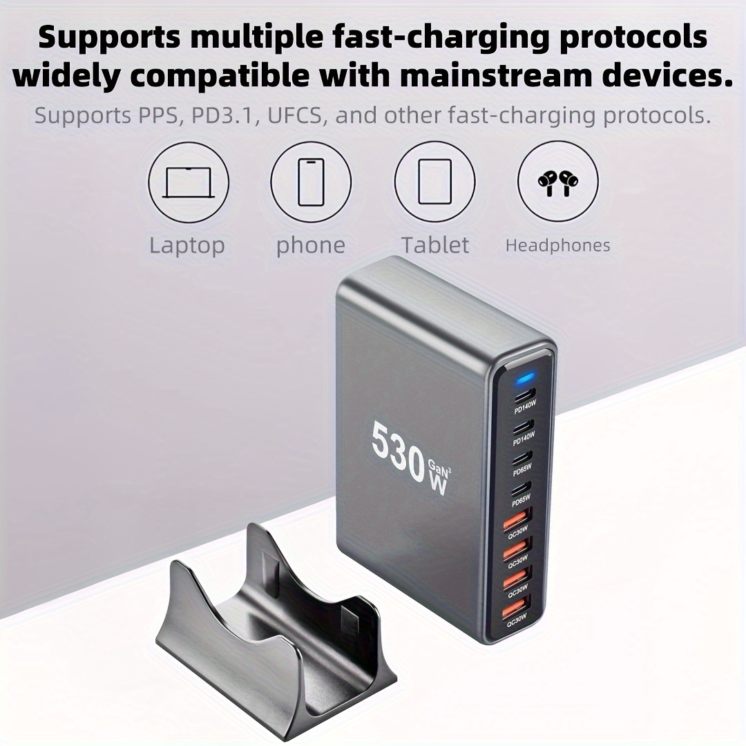 شاحن مكتبي من الاتحاد الأوروبي، 530 واط بـ8 منافذ - شاحن سريع M4 MAX140W لجهاز MacBook Pro - صغير الحجم ومحمول للسفر أو المكتب، متوافق مع الهواتف والساعات وأجهزة اللابتوب والسماعات - هدية مثالية للجيمرز، إكسسوار تقني، تصميم أنيق ودائرة عالية الأداء - الصورة 6