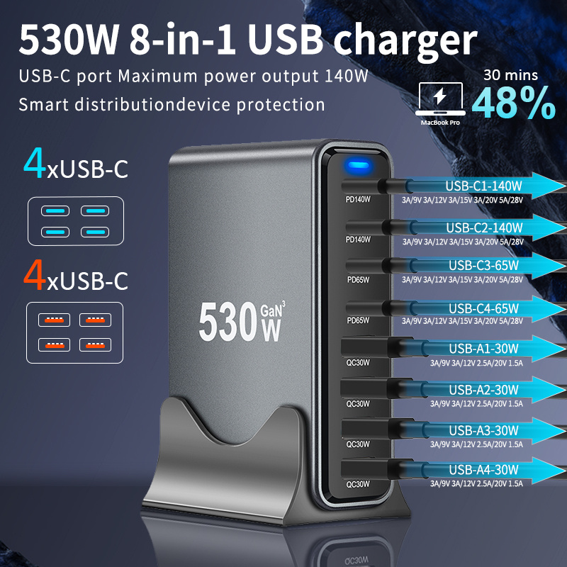 شاحن مكتبي من الاتحاد الأوروبي، 530 واط بـ8 منافذ - شاحن سريع M4 MAX140W لجهاز MacBook Pro - صغير الحجم ومحمول للسفر أو المكتب، متوافق مع الهواتف والساعات وأجهزة اللابتوب والسماعات - هدية مثالية للجيمرز، إكسسوار تقني، تصميم أنيق ودائرة عالية الأداء - الصورة 4