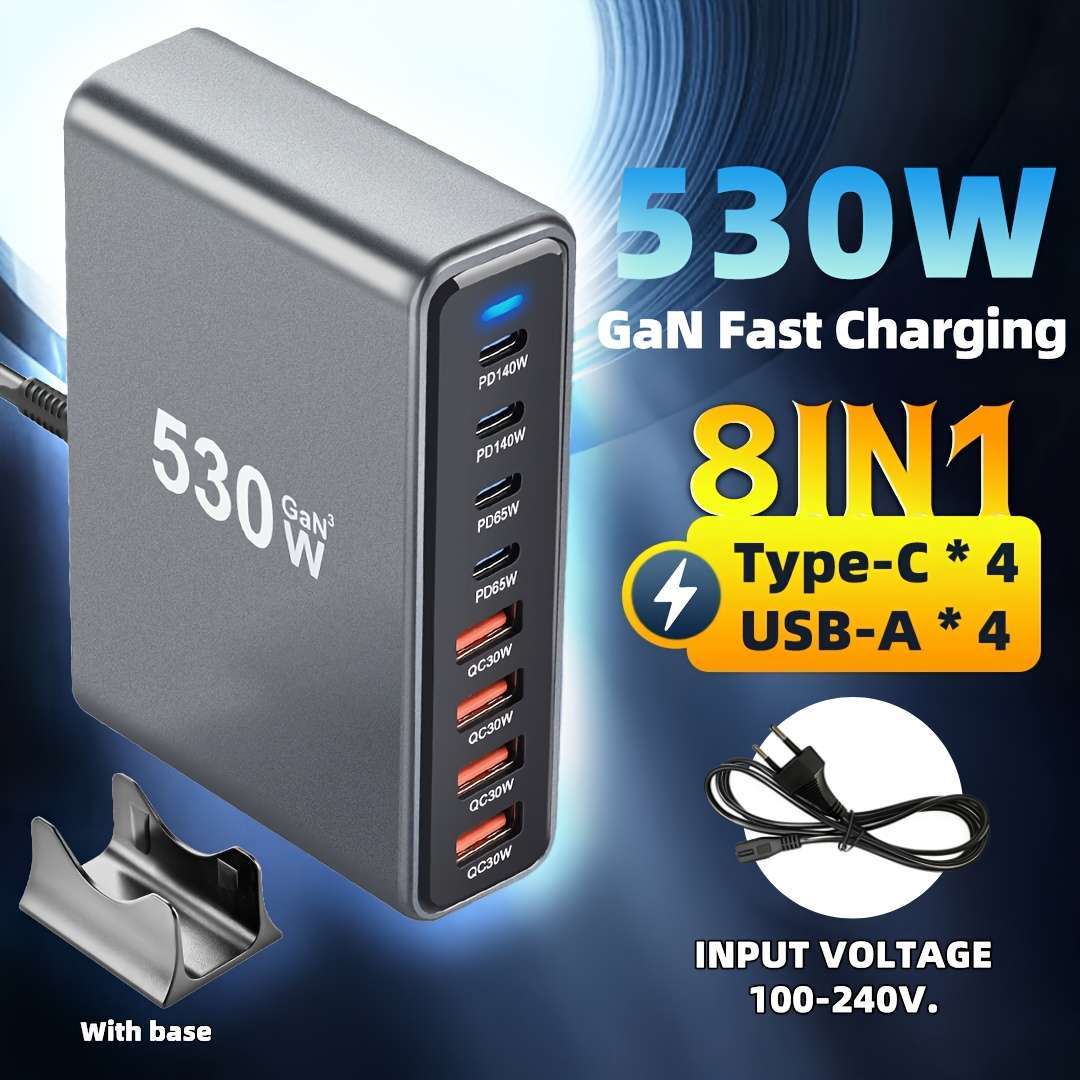 شاحن مكتبي من الاتحاد الأوروبي، 530 واط بـ8 منافذ - شاحن سريع M4 MAX140W لجهاز MacBook Pro - صغير الحجم ومحمول للسفر أو المكتب، متوافق مع الهواتف والساعات وأجهزة اللابتوب والسماعات - هدية مثالية للجيمرز، إكسسوار تقني، تصميم أنيق ودائرة عالية الأداء - الصورة 2