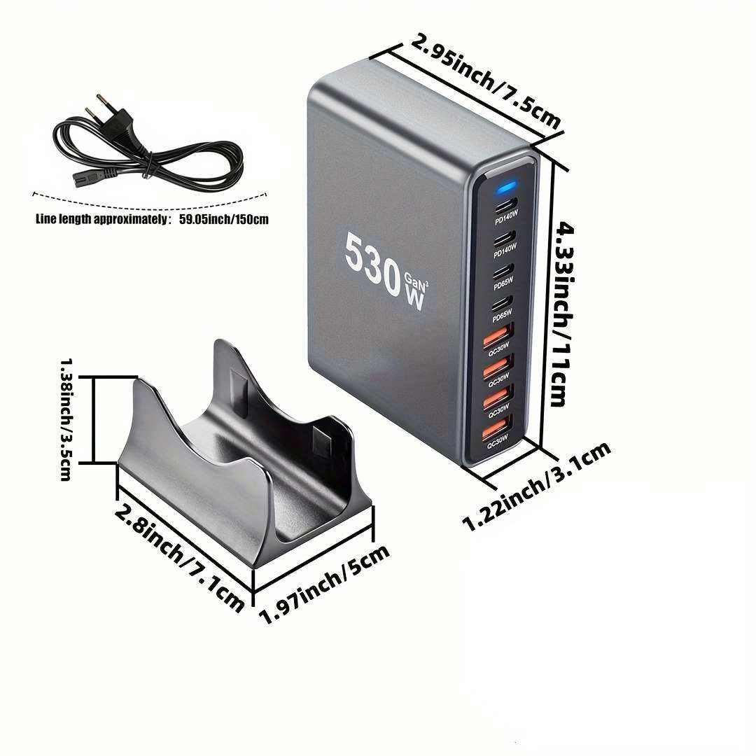 شاحن مكتبي من الاتحاد الأوروبي، 530 واط بـ8 منافذ - شاحن سريع M4 MAX140W لجهاز MacBook Pro - صغير الحجم ومحمول للسفر أو المكتب، متوافق مع الهواتف والساعات وأجهزة اللابتوب والسماعات - هدية مثالية للجيمرز، إكسسوار تقني، تصميم أنيق ودائرة عالية الأداء - الصورة 3