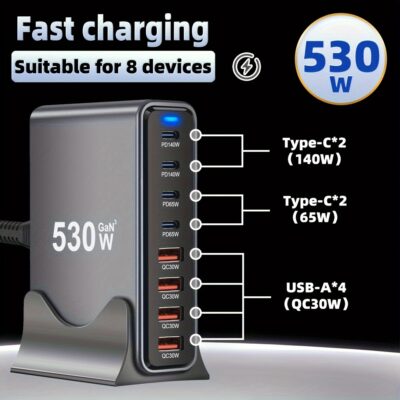 شاحن مكتبي من الاتحاد الأوروبي، 530 واط بـ8 منافذ – شاحن سريع M4 MAX140W لجهاز MacBook Pro – صغير الحجم ومحمول للسفر أو المكتب، متوافق مع الهواتف والساعات وأجهزة اللابتوب والسماعات – هدية مثالية للجيمرز، إكسسوار تقني، تصميم أنيق ودائرة عالية الأداء