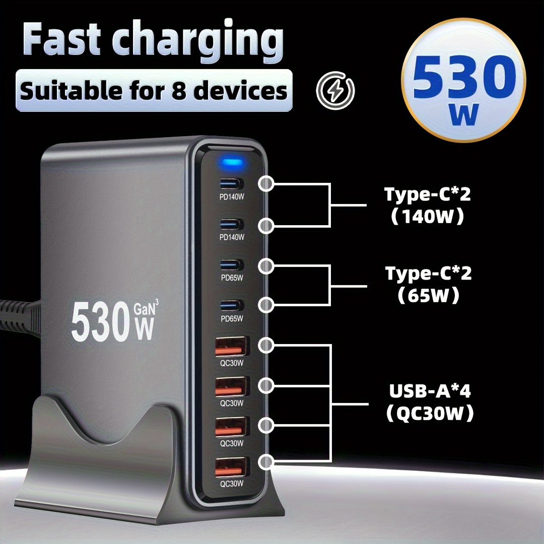 شاحن مكتبي من الاتحاد الأوروبي، 530 واط بـ8 منافذ - شاحن سريع M4 MAX140W لجهاز MacBook Pro - صغير الحجم ومحمول للسفر أو المكتب، متوافق مع الهواتف والساعات وأجهزة اللابتوب والسماعات - هدية مثالية للجيمرز، إكسسوار تقني، تصميم أنيق ودائرة عالية الأداء