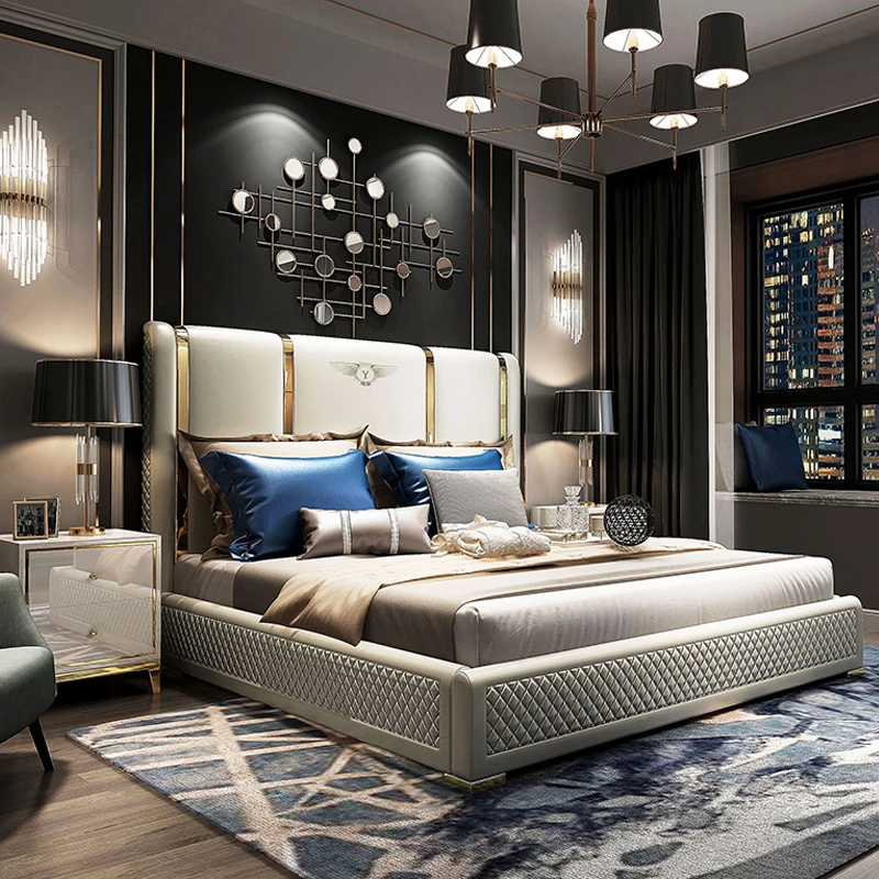 جلد طبيعي دخول لوكس هيكل سرير الحديثة الشمال كاماس في نهاية المطاف سرير кровататалальمضاءة سرير mueble دي دورميتوريو