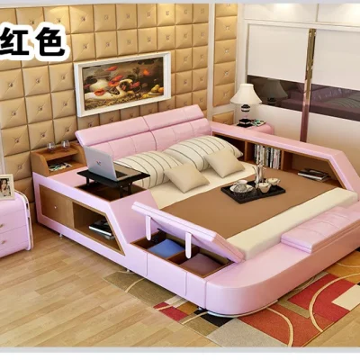 إطار سرير جلدي حقيقي حقيقي سرير ناعم عصري مع تخزين أثاث منزلي لغرفة النوم