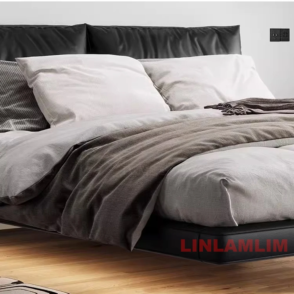 سرير MINGDIBAO الحديث من الريش | سرير من الجلد الطبيعي الإيطالي المنجد الناعم مع إضاءة LED | إطار سرير عائم فاخر - الصورة 6