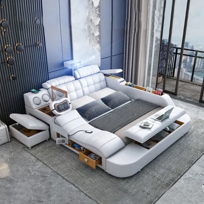 سرير ذكي من الجلد الطبيعي بتقنية migdibao ، أسرة مثالية متعددة الوظائف ، سرير تدليك حصير مع مقذوف ، كاما منجد