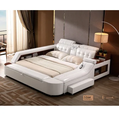 إطار سرير من الجلد الطبيعي سرير ناعم مدلك تخزين مكبر صوت آمن مصباح ليد لغرفة النوم كاما موبليس دي دورميتوريو/كاماس كوارتو