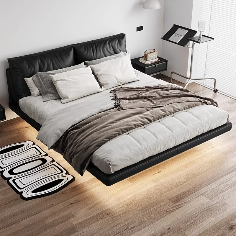 سرير MINGDIBAO الحديث من الريش | سرير من الجلد الطبيعي الإيطالي المنجد الناعم مع إضاءة LED | إطار سرير عائم فاخر