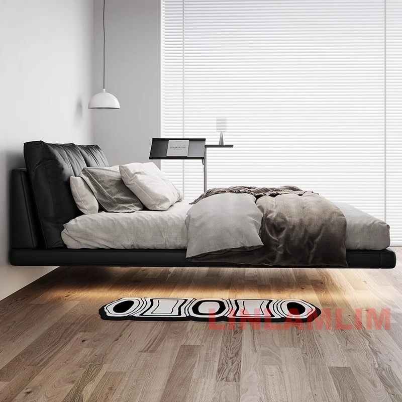 سرير MINGDIBAO الحديث من الريش | سرير من الجلد الطبيعي الإيطالي المنجد الناعم مع إضاءة LED | إطار سرير عائم فاخر - الصورة 3