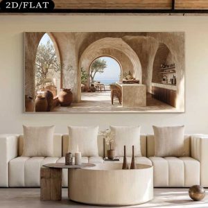 لوحة فنية مطبوعة على قماش بتصميم واقعي وعصري وواقعي لجدارية على طراز الموضة، قطعة واحدة مقاس 31.49×62.99 بوصة/80×160 سم، لوحة ديكور منزلي عصري كبيرة بدون إطار مناسبة لغرفة المعيشة وغرفة النوم - تصميم مدخل مقوس متوسطي مع أشجار زيتون وإطلالة على البحر، 2D Flat