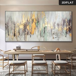 لوحة جدارية كبيرة حديثة بتصميم تجريدي ورقائق ذهبية - لوحة قماشية بدون إطار مناسبة للصالة، غرفة النوم، الممر - مقاس كبير 50x150 سم (19.69x59.06 بوصة) فن عصري مزخرف بلمسات ذهبية، لوحة محايدة لديكور إسكندنافي/حديث