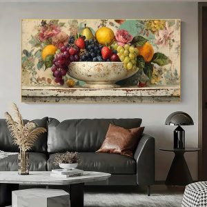 لوحة فنية جدارية مسطحة ثنائية الأبعاد، كبيرة الحجم، عصرية، تجريدية، تتميز بوعاء فواكه مع زهور وكرمة، بألوان مثل الأخضر، والوردي، والذهبي، والبني، والأزرق، والبنفسجي، والبرتقالي، والأصفر، والأبيض، والأسود - ملصق قماشي بدون إطار مناسب لغرف المعيشة وغرف النوم