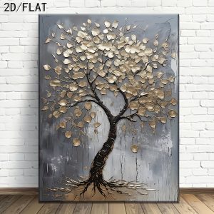 لوحة زيتية مطبوعة عالية الدقة بتصميم شجرة حياة مسطحة ثنائية الأبعاد | ديكور حائط بتصميم شجرة ذهبية ذات ملمس سميك، طباعة فنية بدون إطار، مثالية للمكتب، الردهة، غرفة المعيشة، غرفة النوم، الحمام، المقهى، متجر الكتب، هدية مثالية لعيد الشكر
